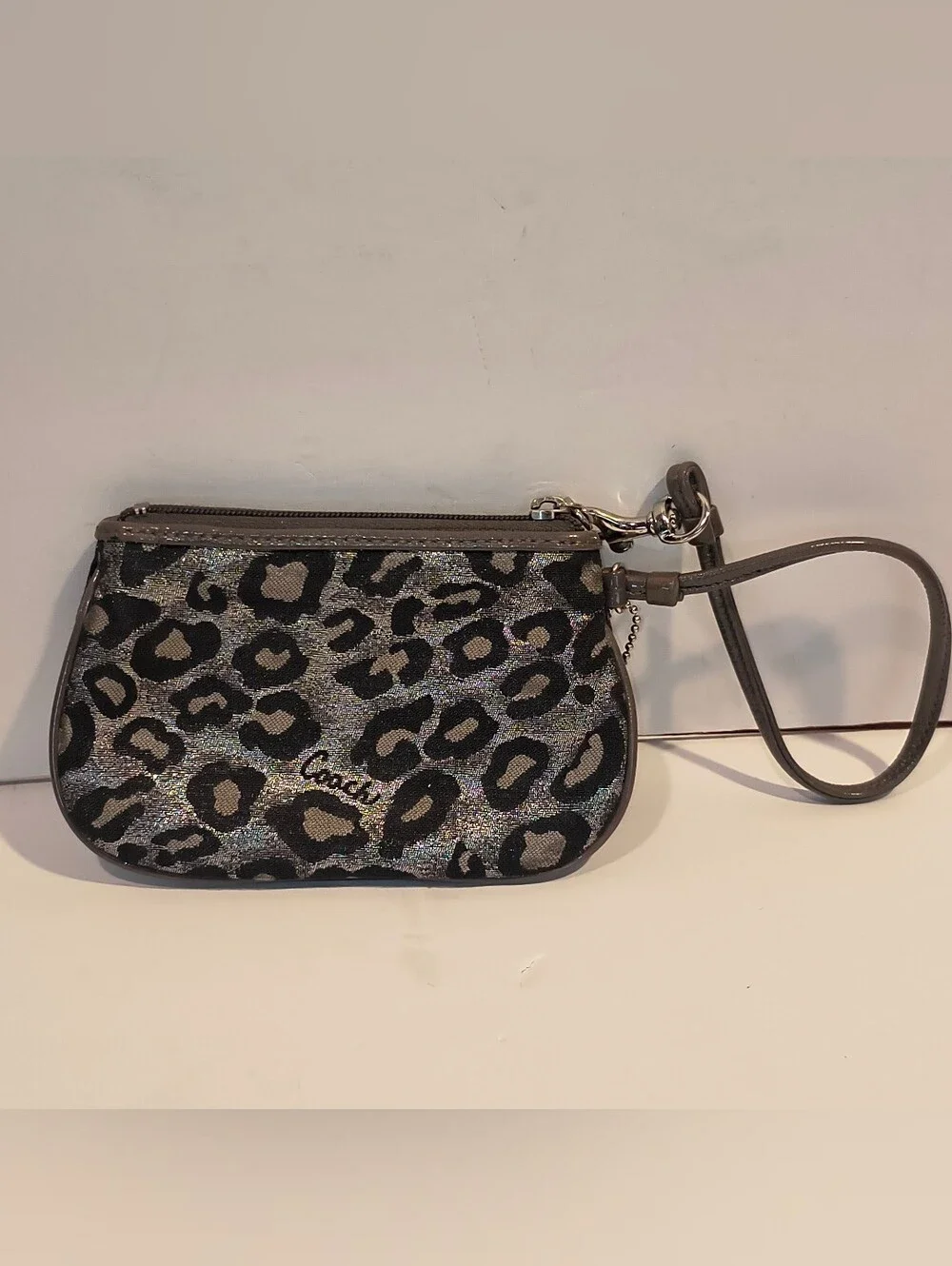 Coach Metallic Ocelot Leopard Print Mini Wristlet Pouch Silver Grey